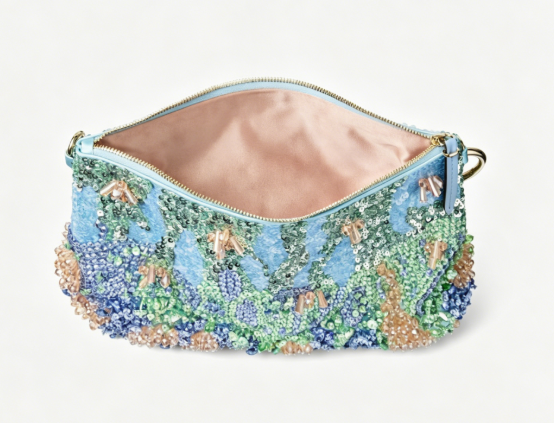 Satin clutch with Monet-inspired color palette, crystal and sequin embroidery