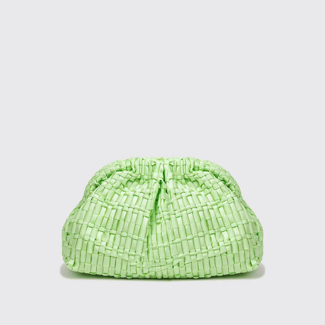 Medium-sized women's clutch featuring hand-woven ribbon fabric crafted on a vintage loom.