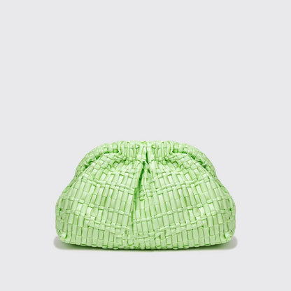 Medium-sized women's clutch featuring hand-woven ribbon fabric crafted on a vintage loom.