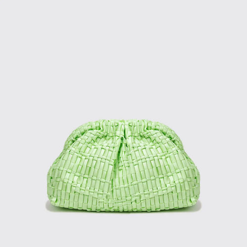 Medium-sized women's clutch featuring hand-woven ribbon fabric crafted on a vintage loom.