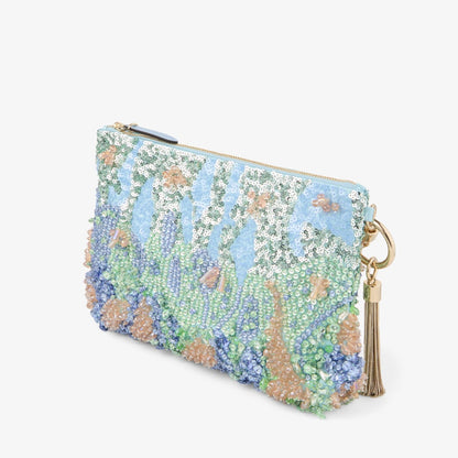 Satin clutch with Monet-inspired color palette, crystal and sequin embroidery