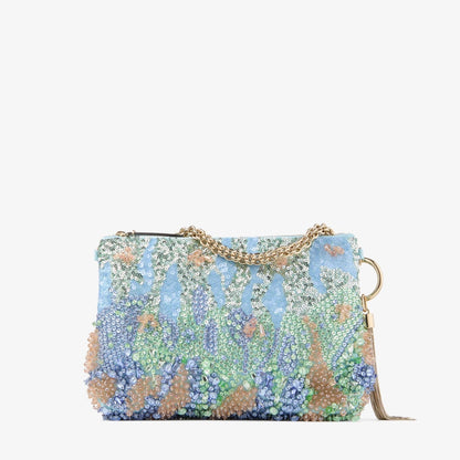 Satin clutch with Monet-inspired color palette, crystal and sequin embroidery