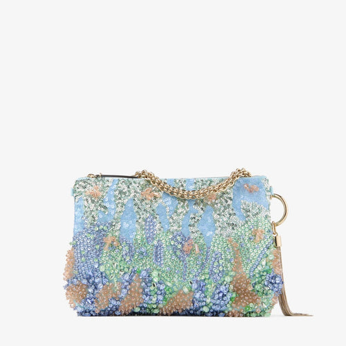 Satin clutch with Monet-inspired color palette, crystal and sequin embroidery