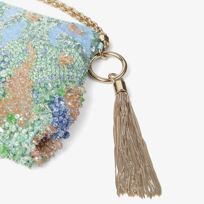Satin clutch with Monet-inspired color palette, crystal and sequin embroidery