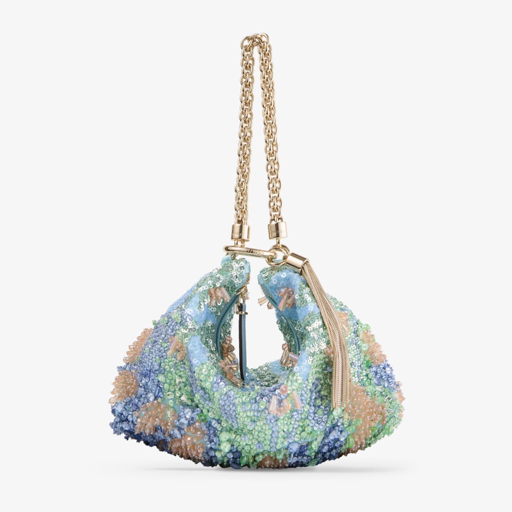 Satin clutch with Monet-inspired color palette, crystal and sequin embroidery