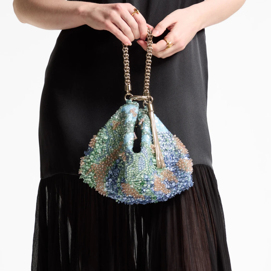 Satin clutch with Monet-inspired color palette, crystal and sequin embroidery