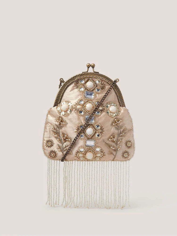 Gem-embellished tassel clutch