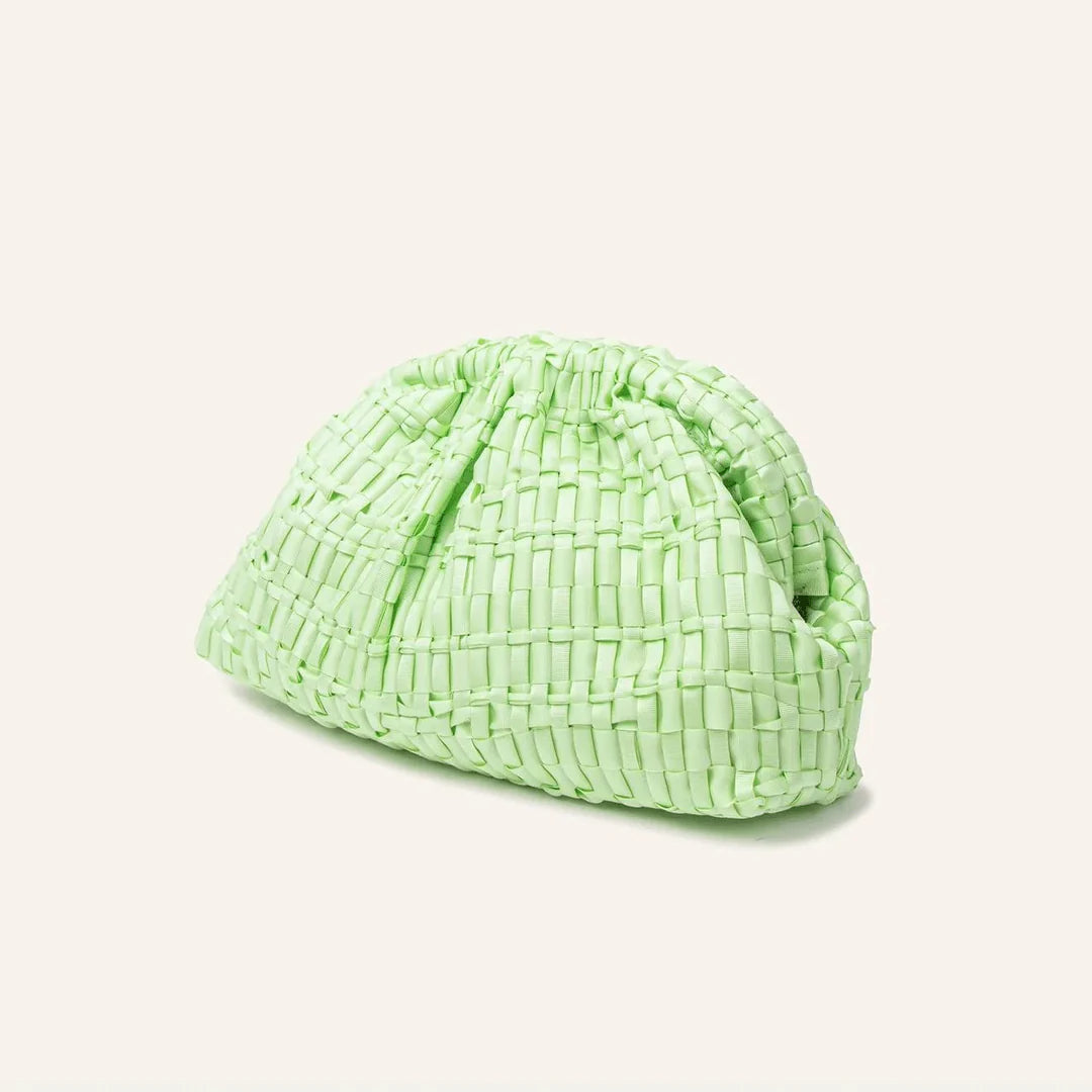 Medium-sized women's clutch featuring hand-woven ribbon fabric crafted on a vintage loom.