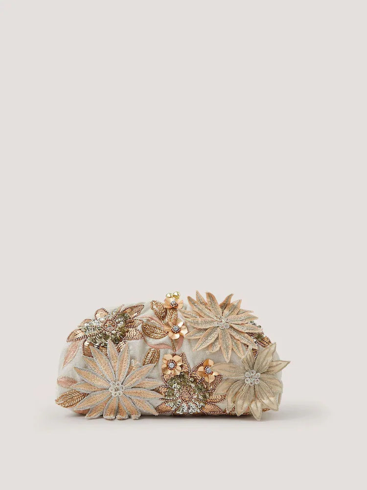 Beaded Floral Embellished Chain Clutch