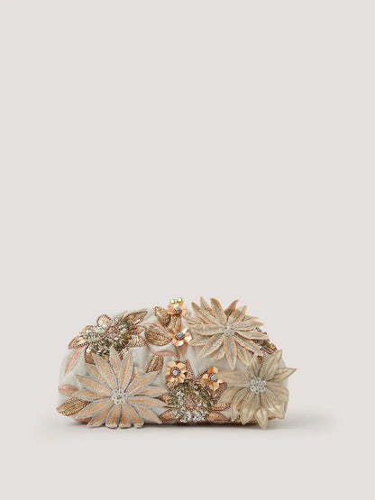 Beaded Floral Embellished Chain Clutch