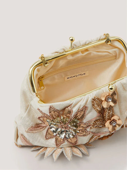 Beaded Floral Embellished Chain Clutch