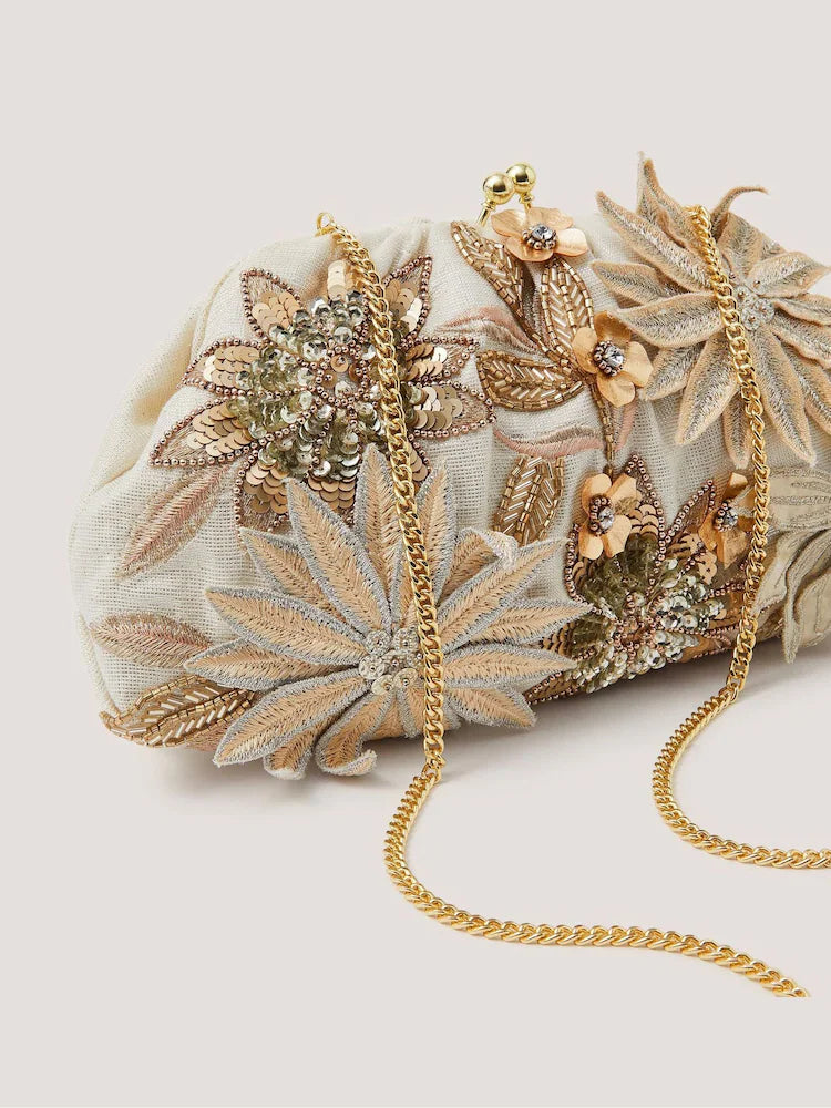 Beaded Floral Embellished Chain Clutch