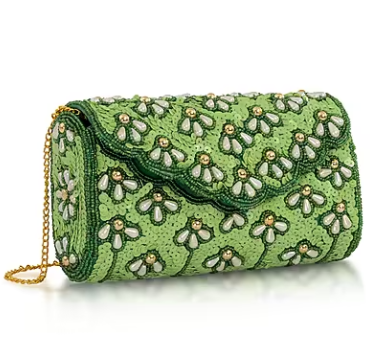 Shoulder bag with green beaded detailing, silk, and chain strap