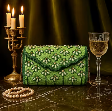 Shoulder bag with green beaded detailing, silk, and chain strap