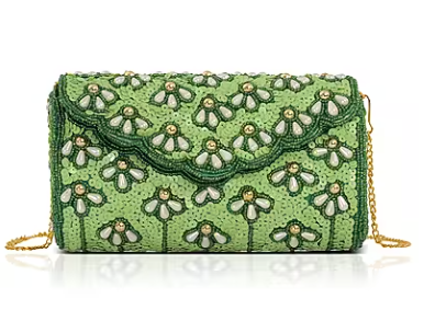 Shoulder bag with green beaded detailing, silk, and chain strap