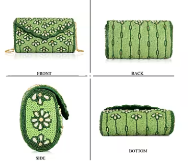 Shoulder bag with green beaded detailing, silk, and chain strap