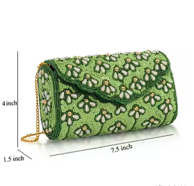 Shoulder bag with green beaded detailing, silk, and chain strap